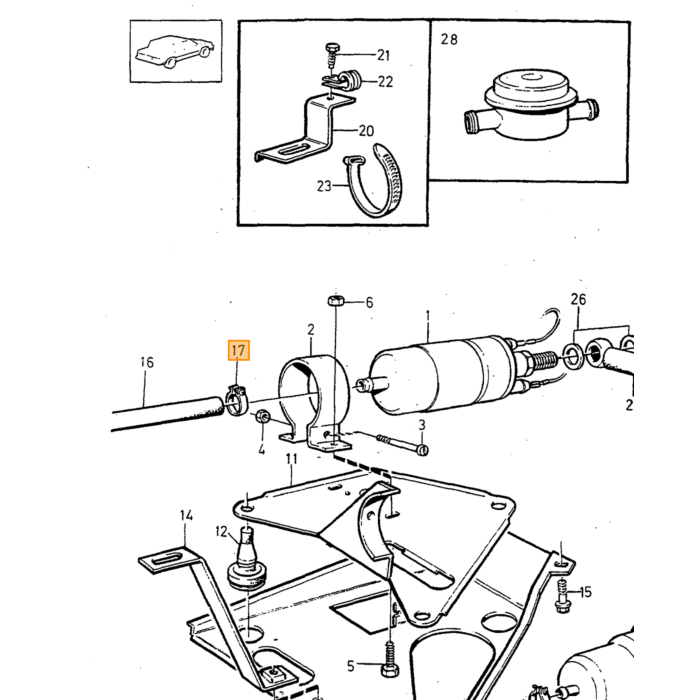 Volvo klem brandstof leiding van tank naar motor  240 740 260 760   B200E  B230E  B230F  B28E. Volvo onderdeel nr 1229717