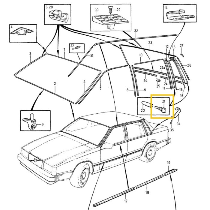 Morsetto per listello decorativo Volvo 740+760+780+940+960, lista verticale per finestrino laterale, lista posteriore per berlina (finestra triangolare) Volvo, numero di parte 1268872