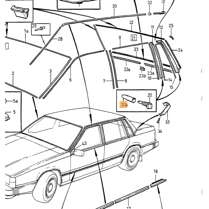 Morsetto per listello decorativo Volvo 740+760+780+940+960, lista verticale per finestrino laterale, lista posteriore per berlina (finestra triangolare) Volvo, numero di parte 1268872