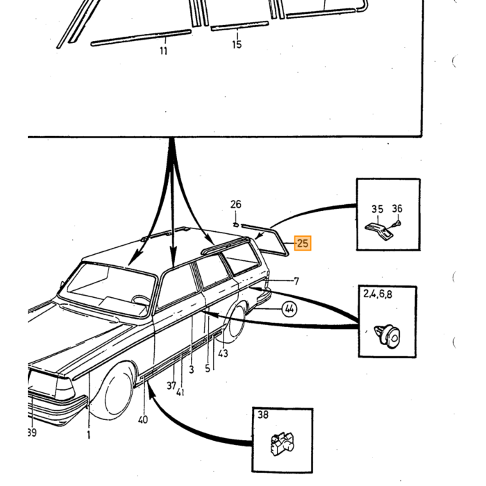 Listello decorativo Volvo per lunotto posteriore 245 lato sinistro cromato 1986+ pezzo Volvo nr 1312587