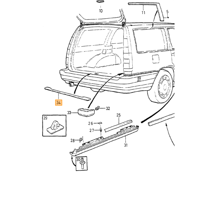Volvo striping strip achterbumper  850  V70 (-2000)  V70 XC (-2000) Volvo onderdeel nr 1372847