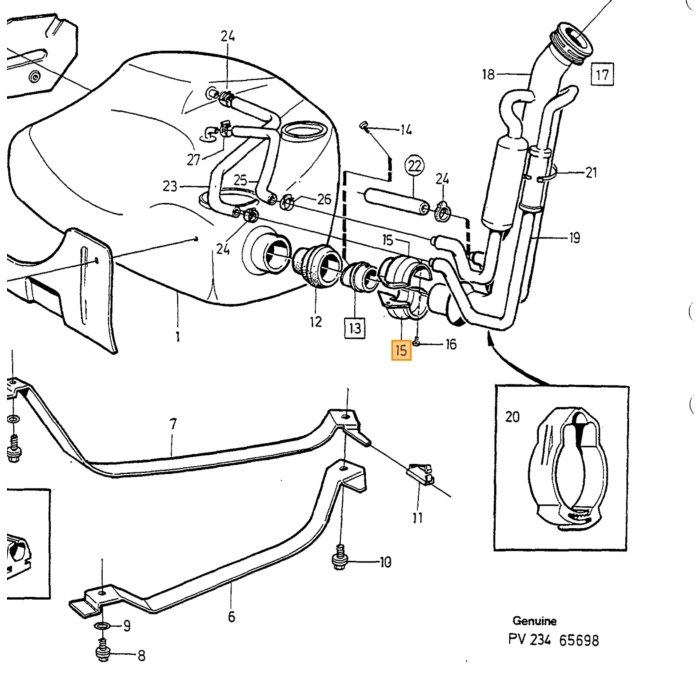 Manicotto del tubo di riempimento del carburante Volvo Klem per Volvo 850 S70 - V70 - C70 1 pezzo, numero di parte Volvo 3531428