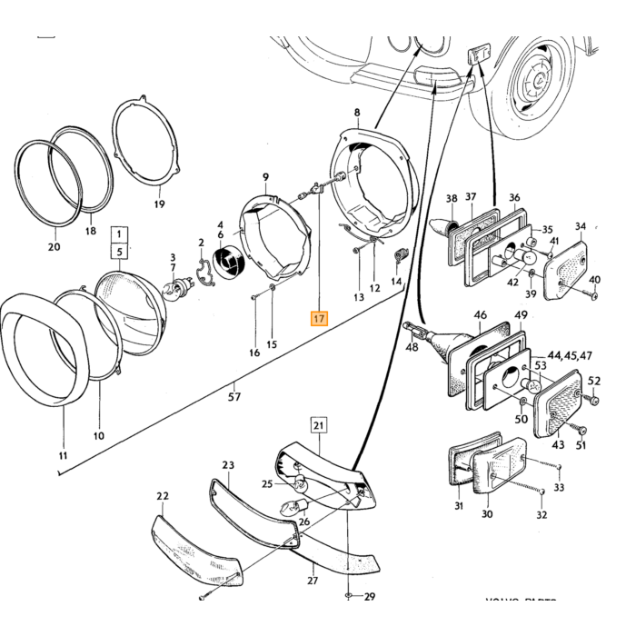 Volvo Regolatore faro 140+164 rame con dado in plastica Volvo ricambi no 676111