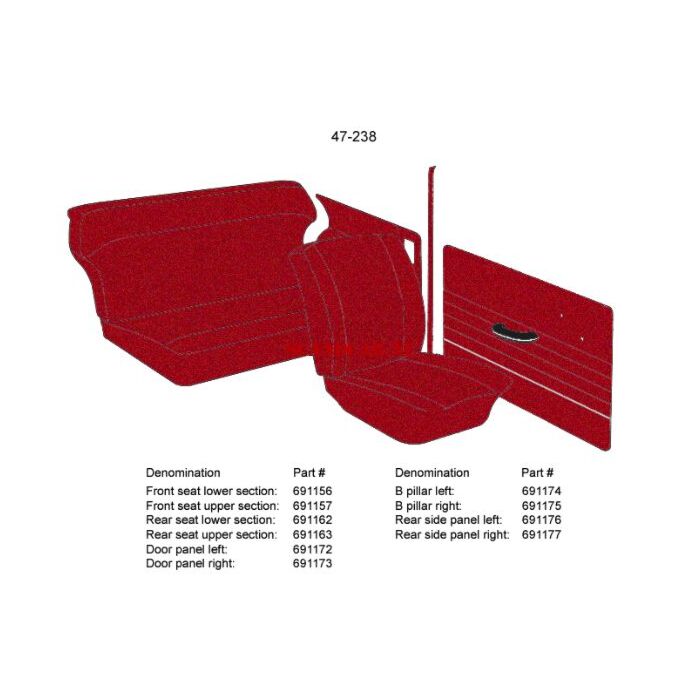 Bekleding PV544 B stijl rechts rood 1963-1964 code 50-240