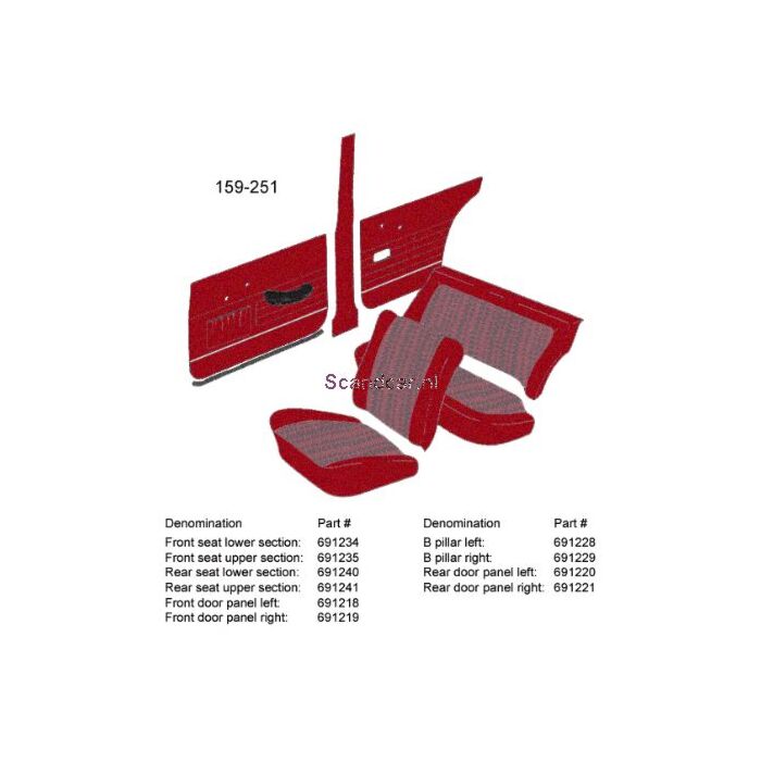 Bekleding Amazon 4 derurs achterbankhoes rug rood 1963-1964 159-251 zie 691240