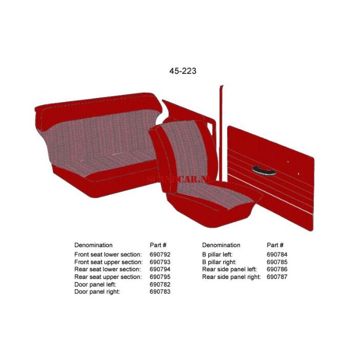 Bekleding PV544 achterbank hoes zitting+rug SET 62-63 rood 45-223 (690795)