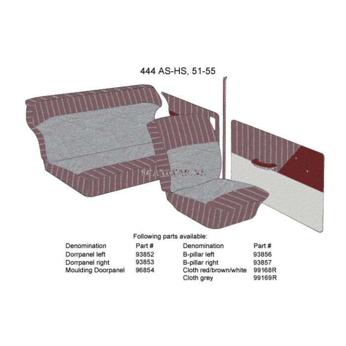 Bekleding PV444 stof rood/bruin/wit gestreept 140cm breed 1951-1955