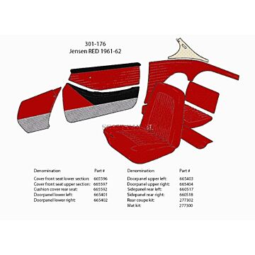 Bekleding P1800 Jensen rood 1961-1962 301-176 kussen achterzitting 