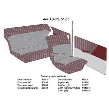 Rivestimento Volvo PV444 B stile sinistro rosso/grigio tipo AS-HS 1951-1955, pezzo Volvo nr 93856