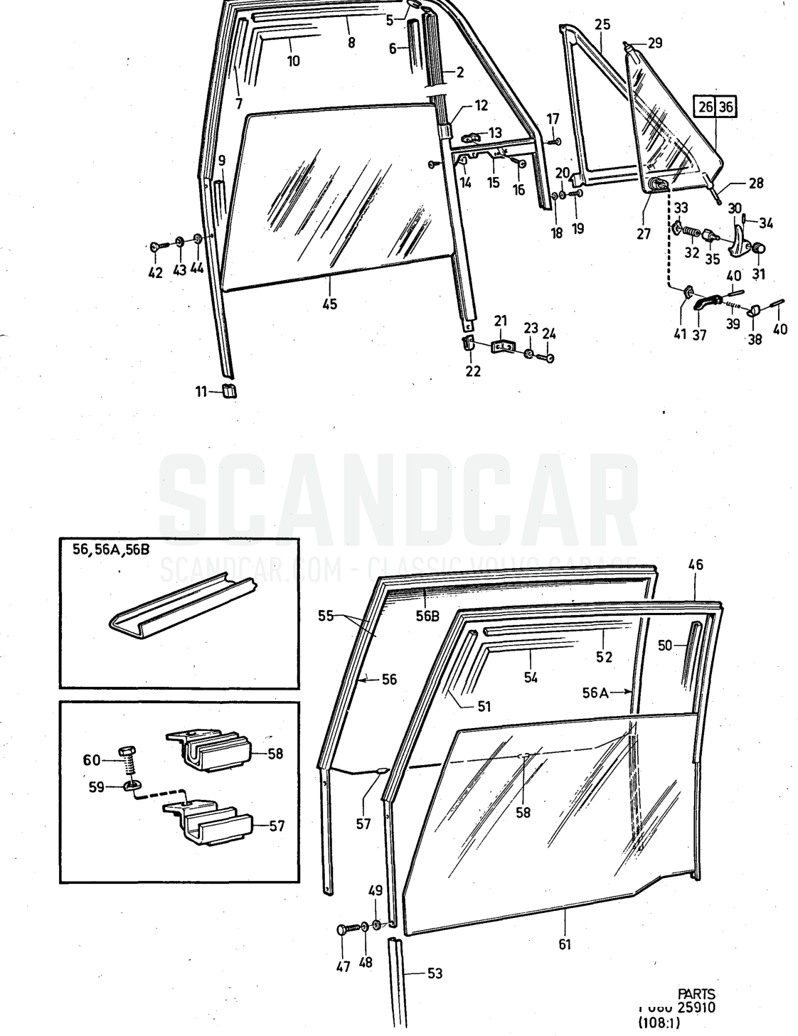 arch with components. Illustration glass. Sats Kit - disegno esploso, Altri ricambi, Volvo serie 140 fino a 1972