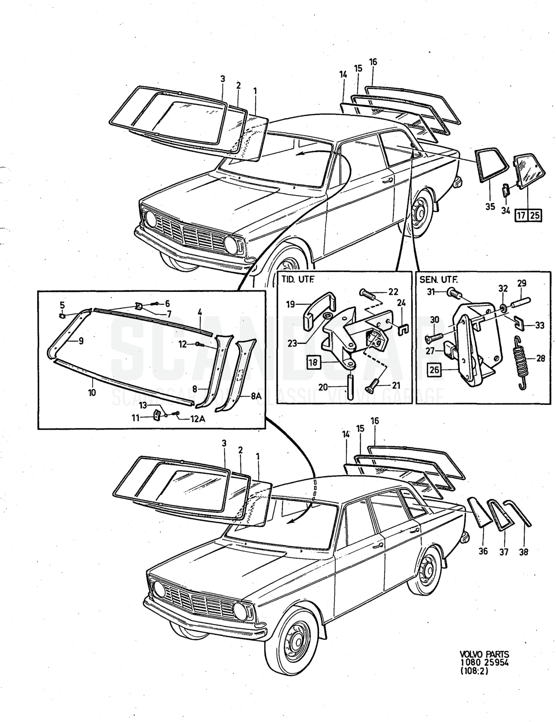 rear window, Illustration quarter windows Sats Kit - disegno esploso, Altri ricambi, Volvo serie 140 fino a 1972