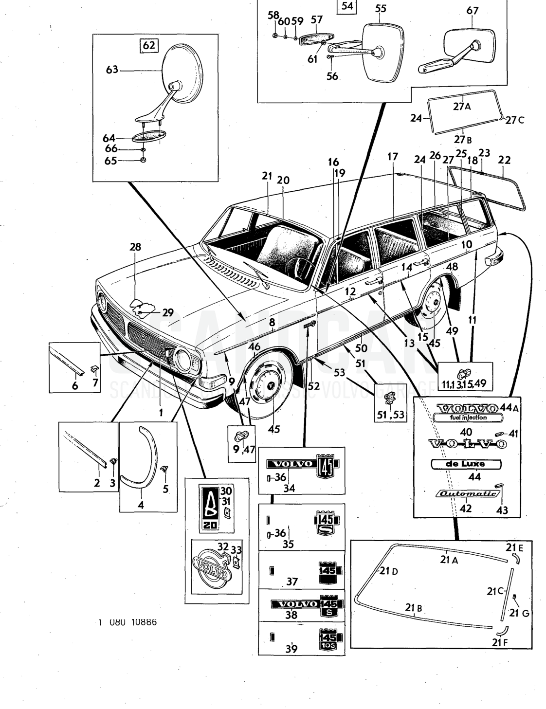 trim Illustration rear view mirror Sats Kit - disegno esploso, Altri ricambi, Volvo serie 140 fino a 1972