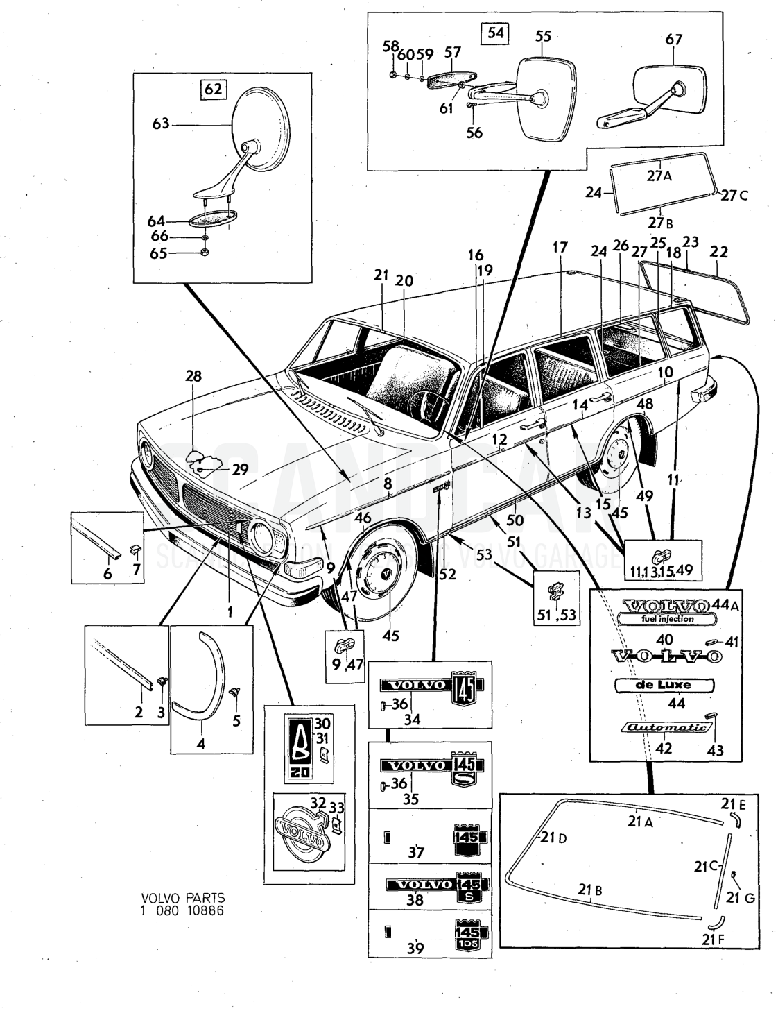 trim Illustration rear view mirror Sats Kit - disegno esploso, Altri ricambi, Volvo serie 140 fino a 1972