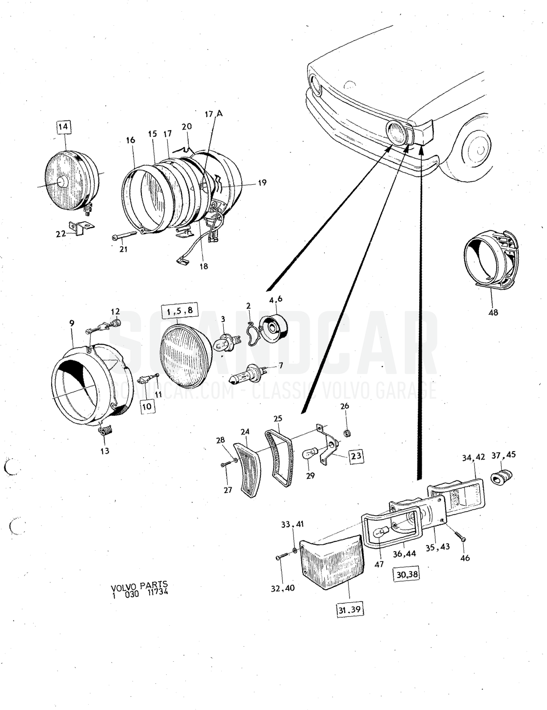 Lighting equipment - disegno esploso, Equipaggiamento elettrico, Volvo serie 140 dal 1972
