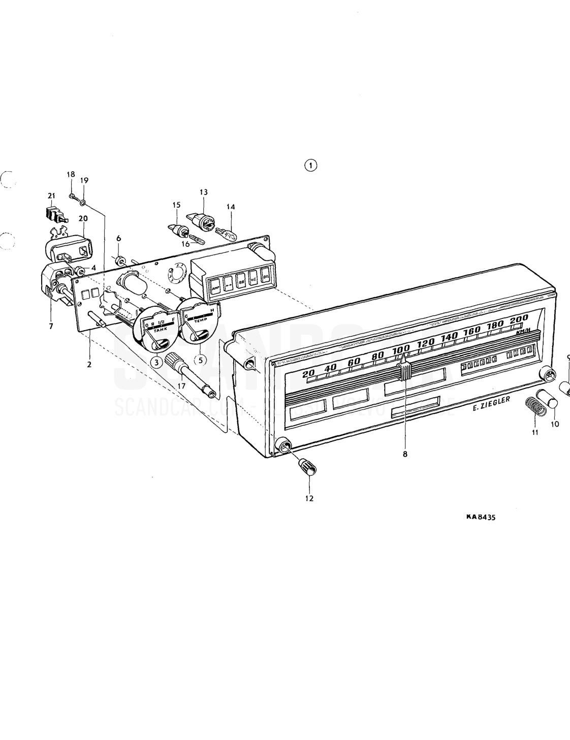 Combined instrument - disegno esploso, Equipaggiamento elettrico, Volvo serie 164 fino a 1975