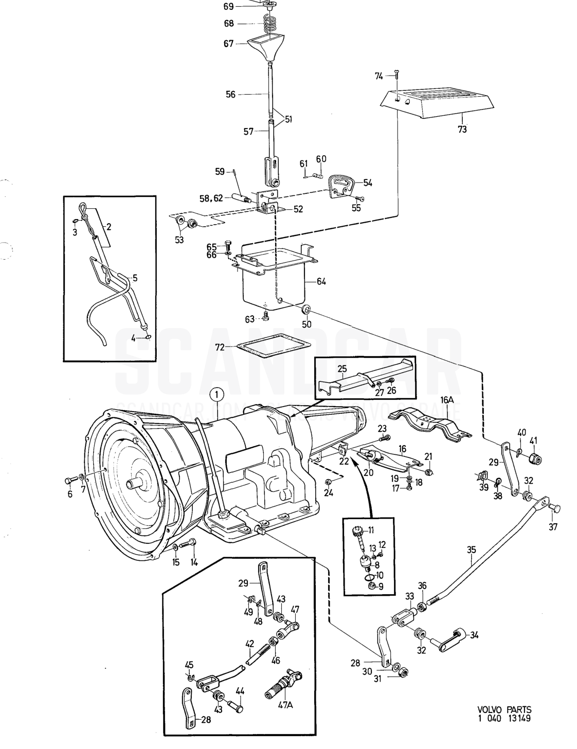 Gearbox Mountings, control - disegno esploso, Trasmissione - Assale posteriore, Volvo serie 164 fino a 1975