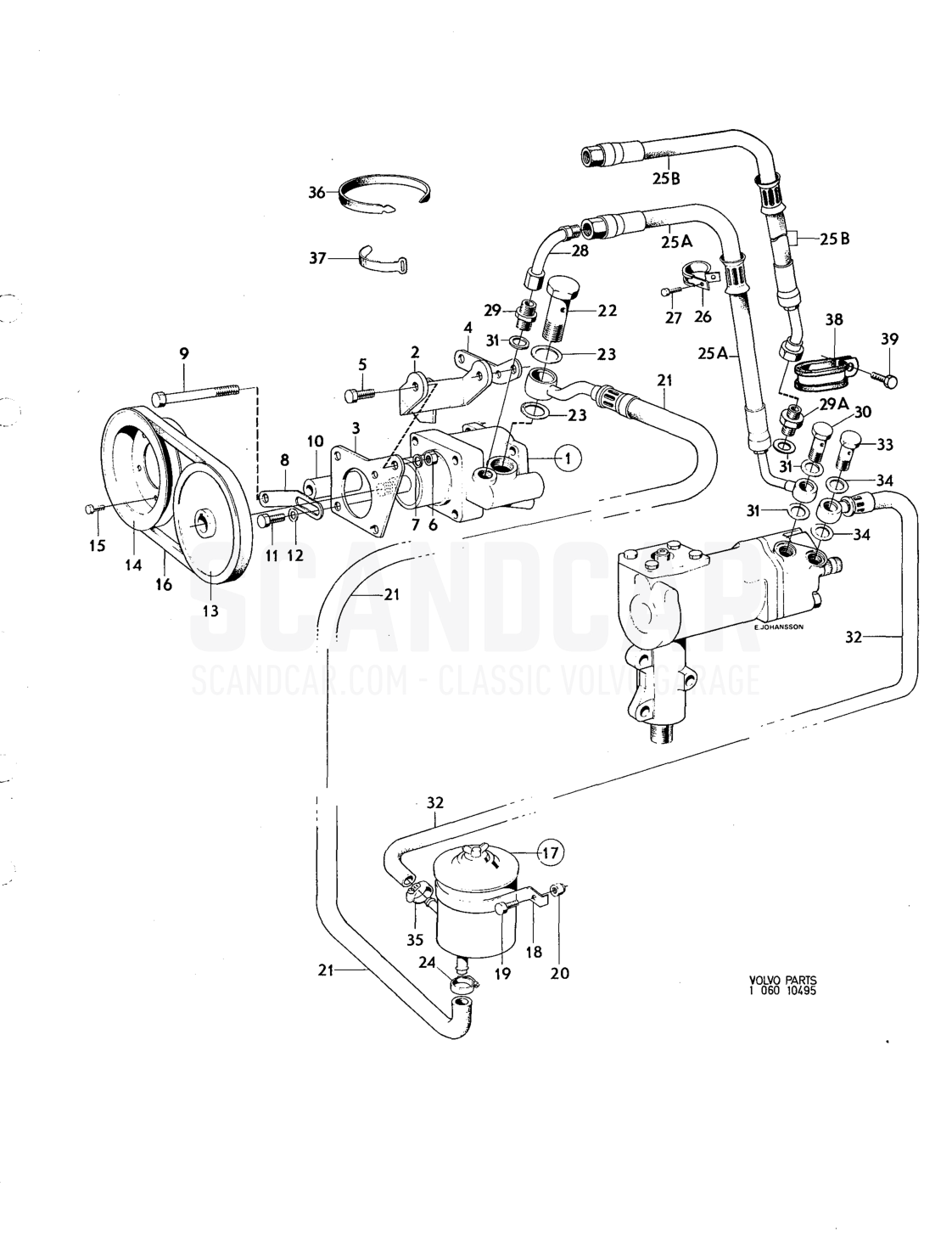 Hydraulic pump,oil reser voir, servo steering - disegno esploso, Assale anteriore - Ruote - Sterzo, Volvo serie 164 fino a 1975