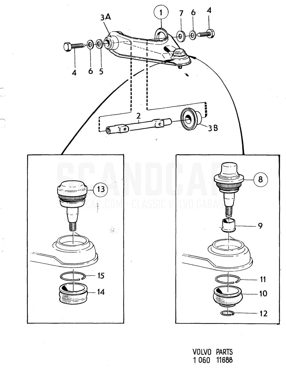 Wishbone - disegno esploso, Assale anteriore - Ruote - Sterzo, Volvo serie 164 fino a 1975