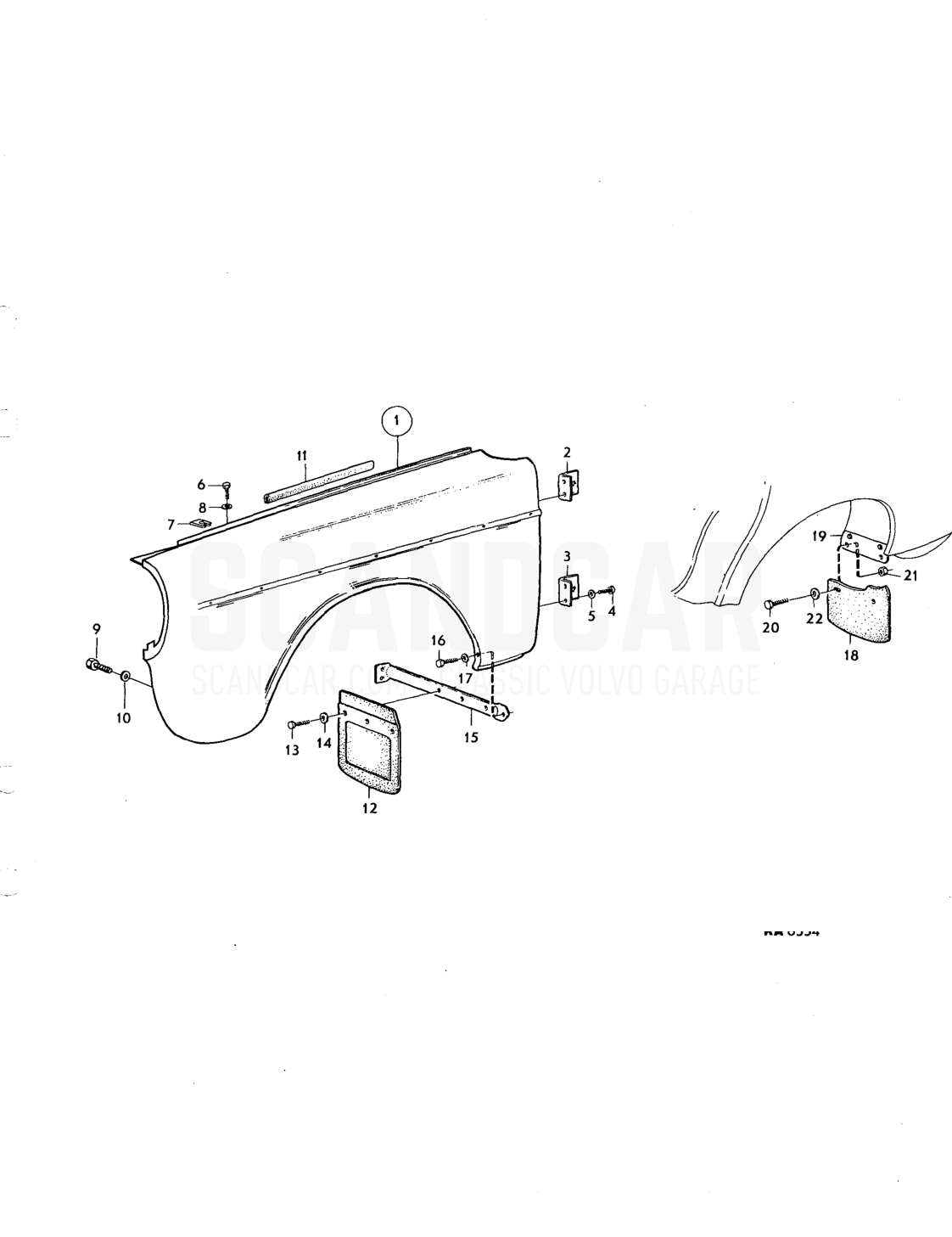 Front mudguards front and rear mudflaps - disegno esploso, Carrozzeria, Volvo serie 164 fino a 1975