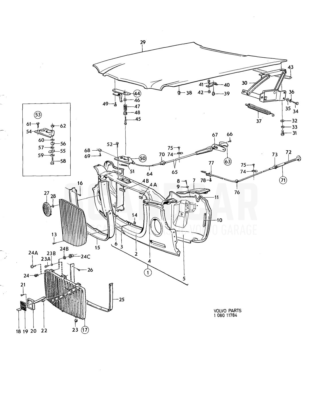 Front section, bonnet, bonnetlock - disegno esploso, Carrozzeria, Volvo serie 164 fino a 1975