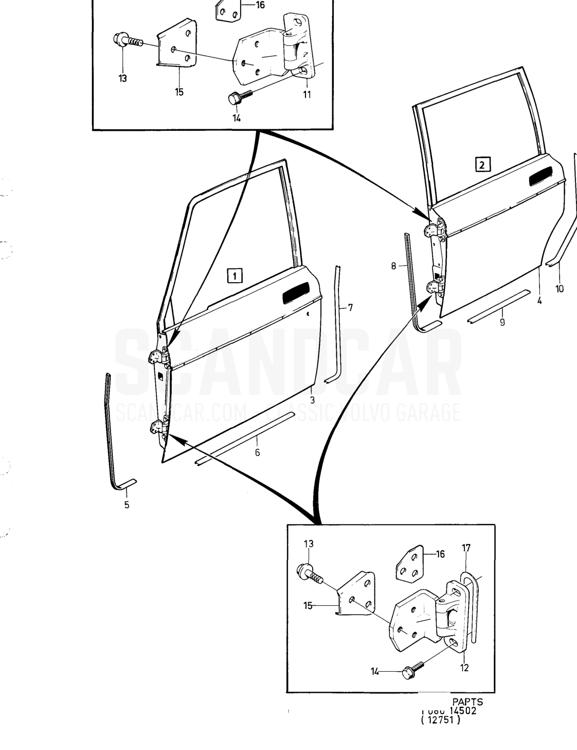 Door components, forward doors - disegno esploso, Carrozzeria, Volvo serie 164 fino a 1975