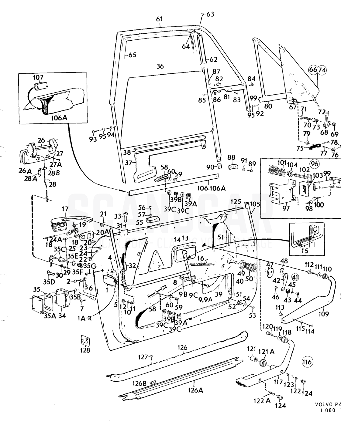 Door components, forward doors - disegno esploso, Carrozzeria, Volvo serie 164 fino a 1975