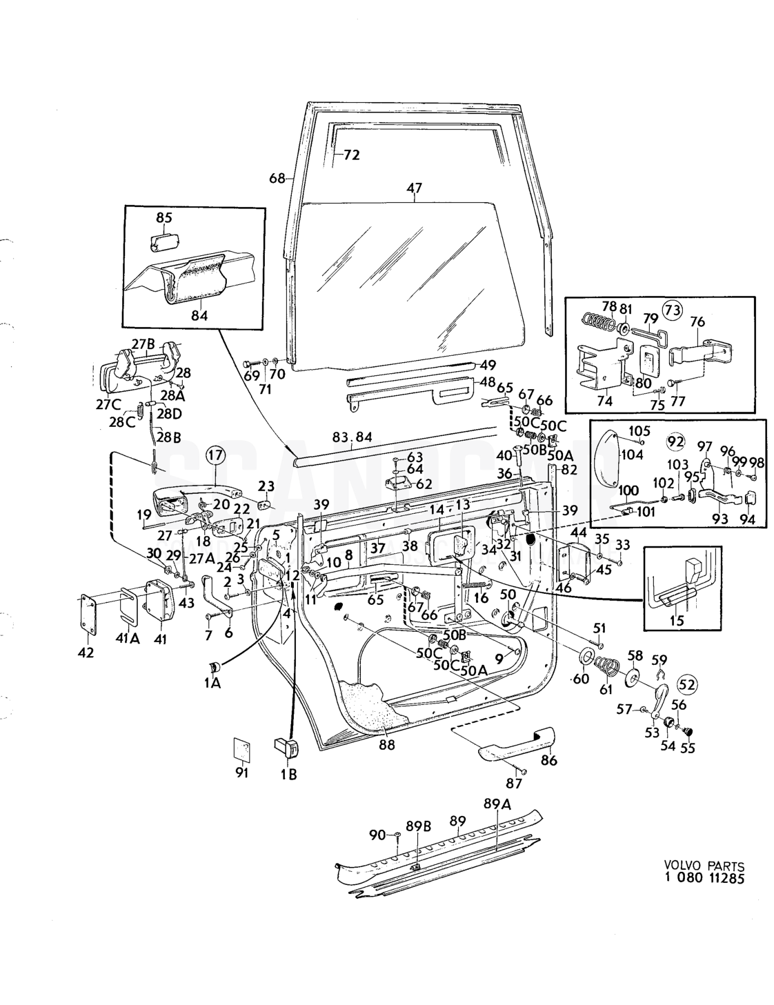 Door components, forward doors - disegno esploso, Altri ricambi, Volvo serie 164 fino a 1975