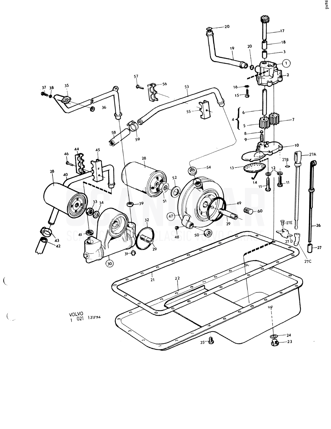 Lubricating system - disegno esploso, Motore, Volvo serie 164 fino a 1975