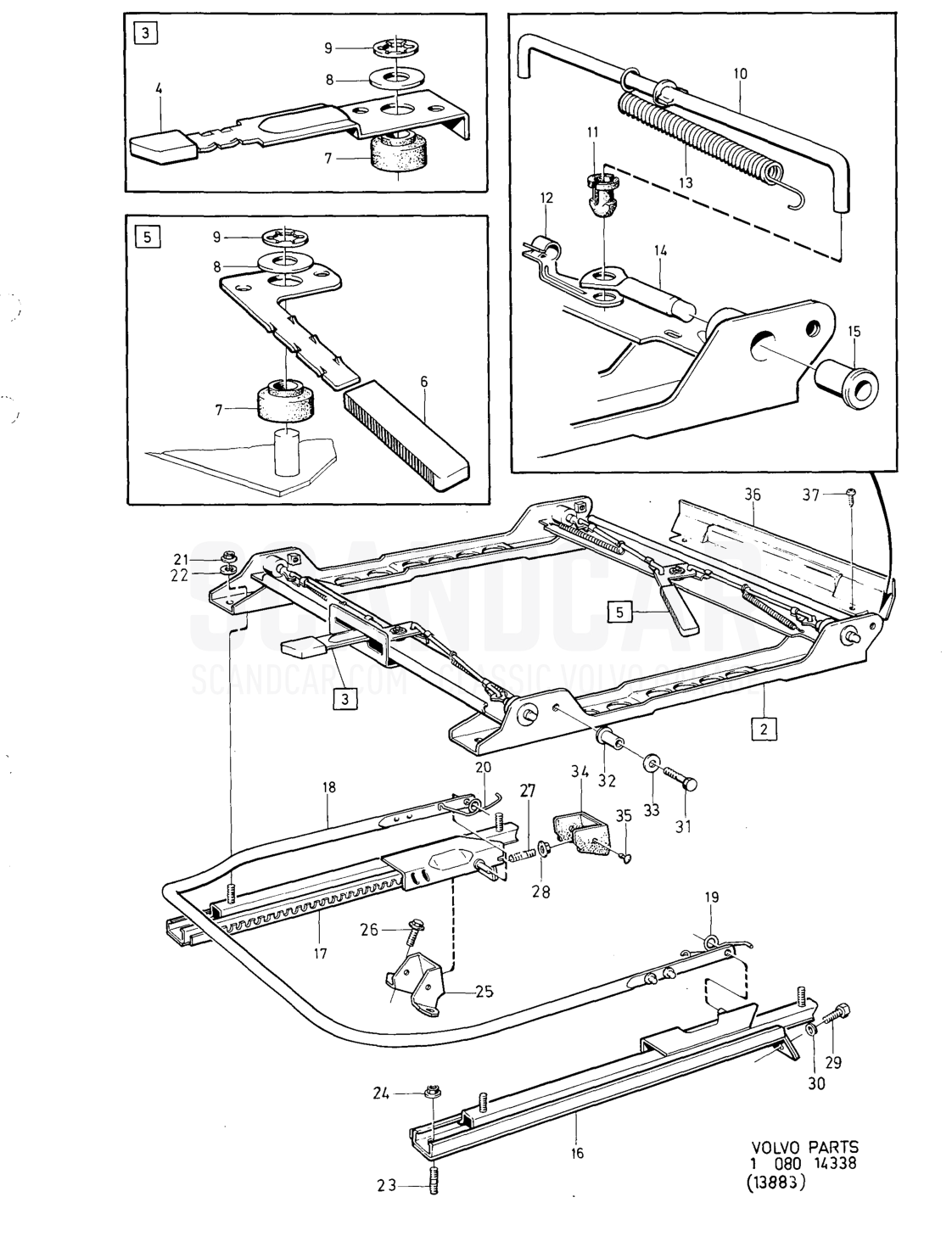 Undercarriage for front seat with vertical seat adjuster - disegno esploso, Carrozzeria, Volvo serie 164 fino a 1975
