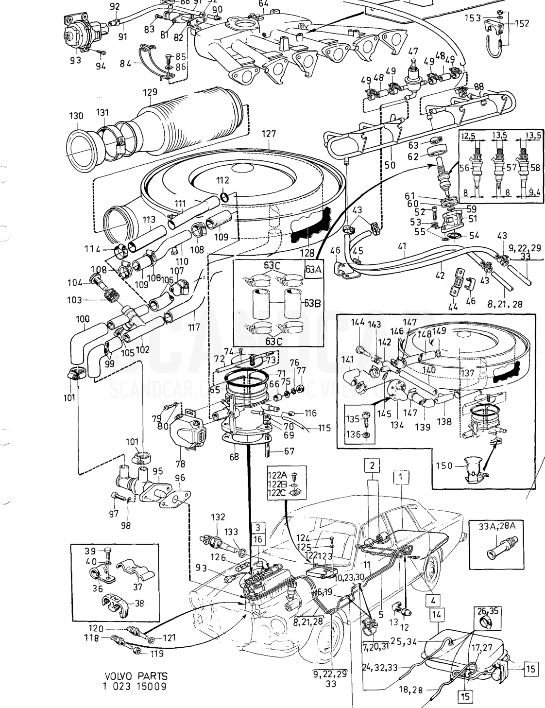 Fuelsystem fuel injection engine - disegno esploso, Alimentazione e scarico, Volvo serie 164 fino a 1975