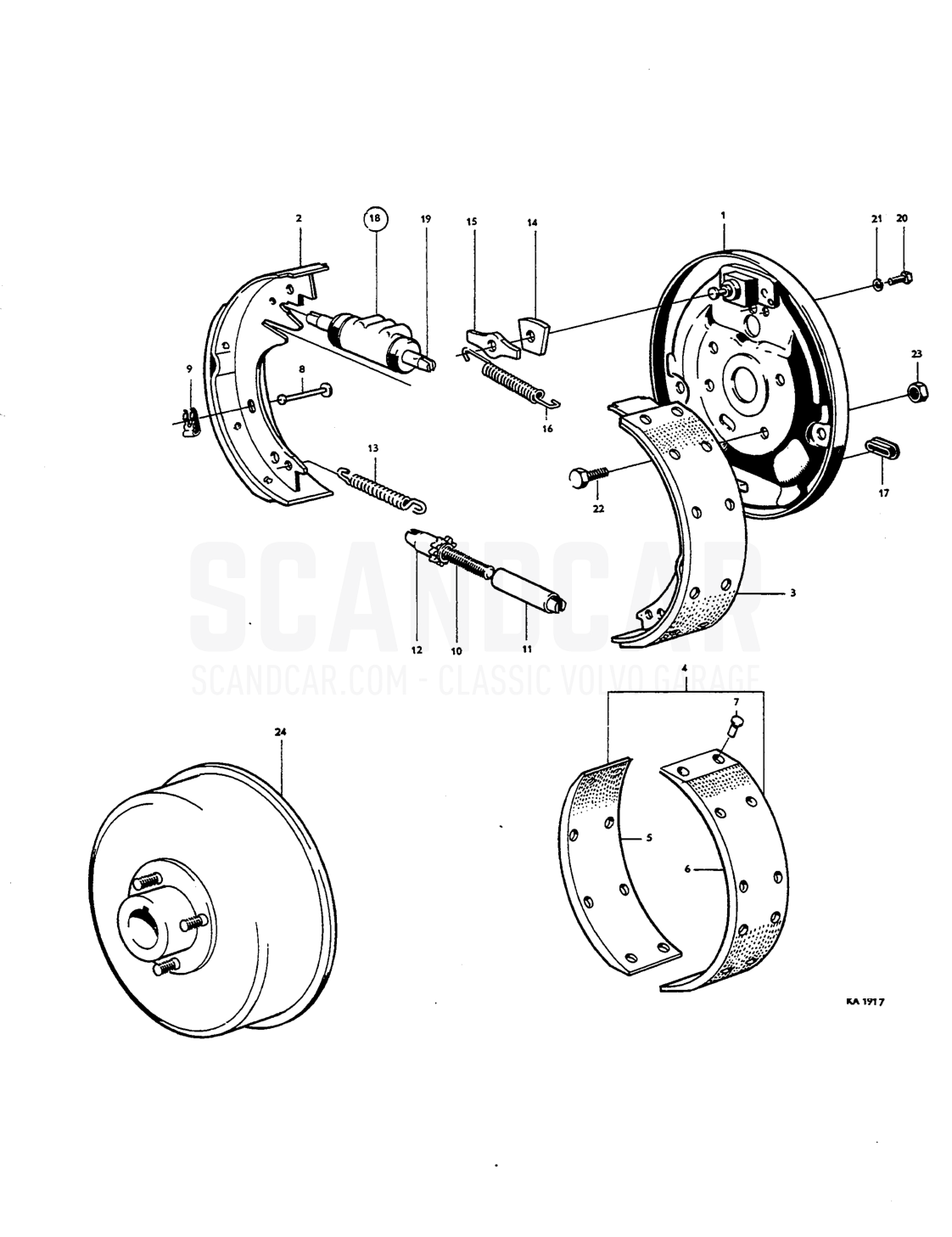Front wheel brakes Drum brakes Single circuit - disegno esploso, Freni, Volvo Amazon B18
