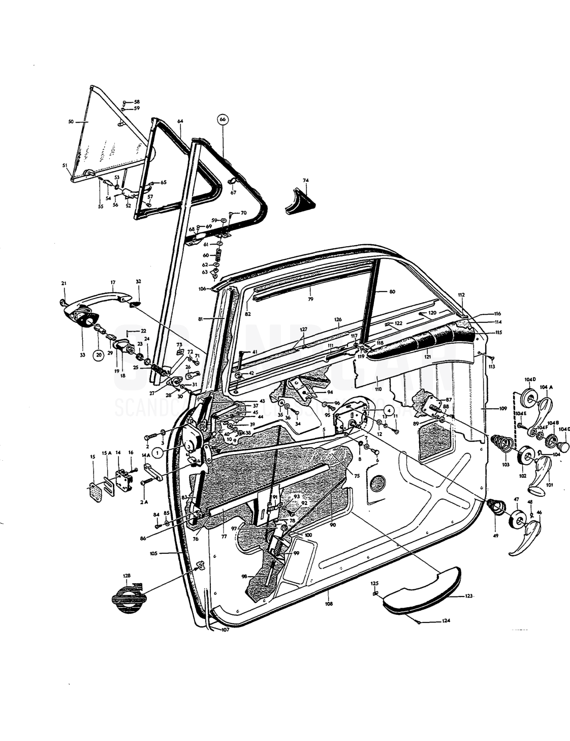 Door components, forward doors - disegno esploso, Carrozzeria, Volvo Amazon B18