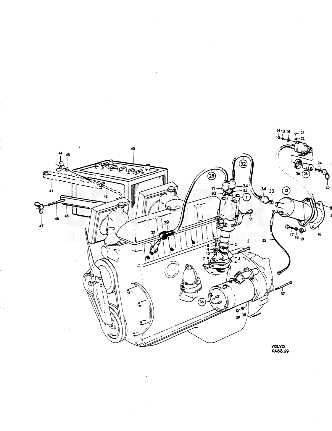 ignition coil, sparking plugs, cables, starter motor, battery