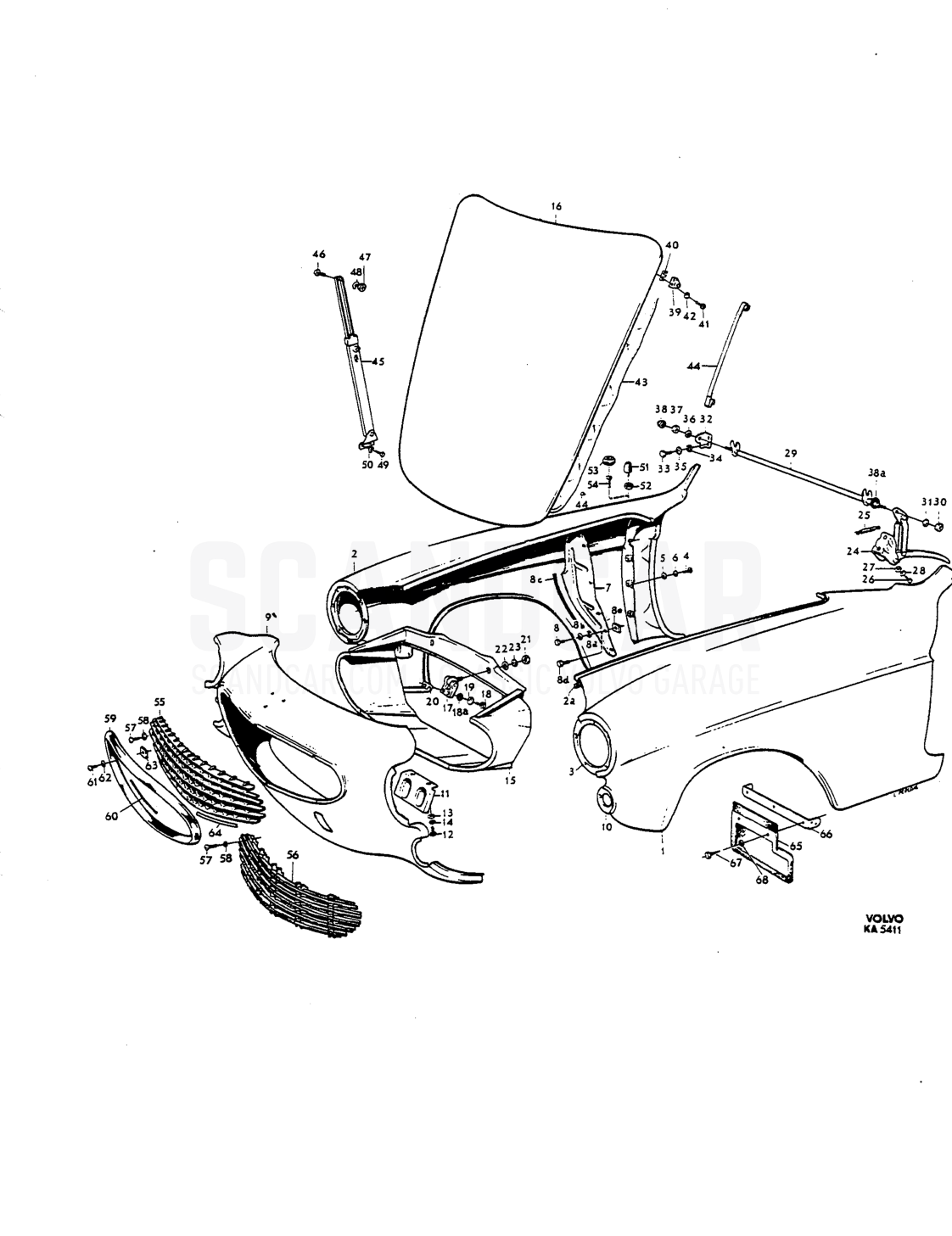 Front mudgards, front end, bonnet