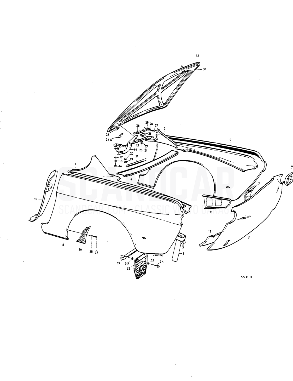 Reir end, rear mudguards luggage compartment lid