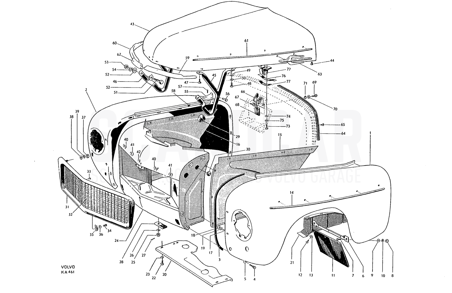 Motorhuv - disegno esploso, Carrozzeria, Volvo PV544 / P210 B16