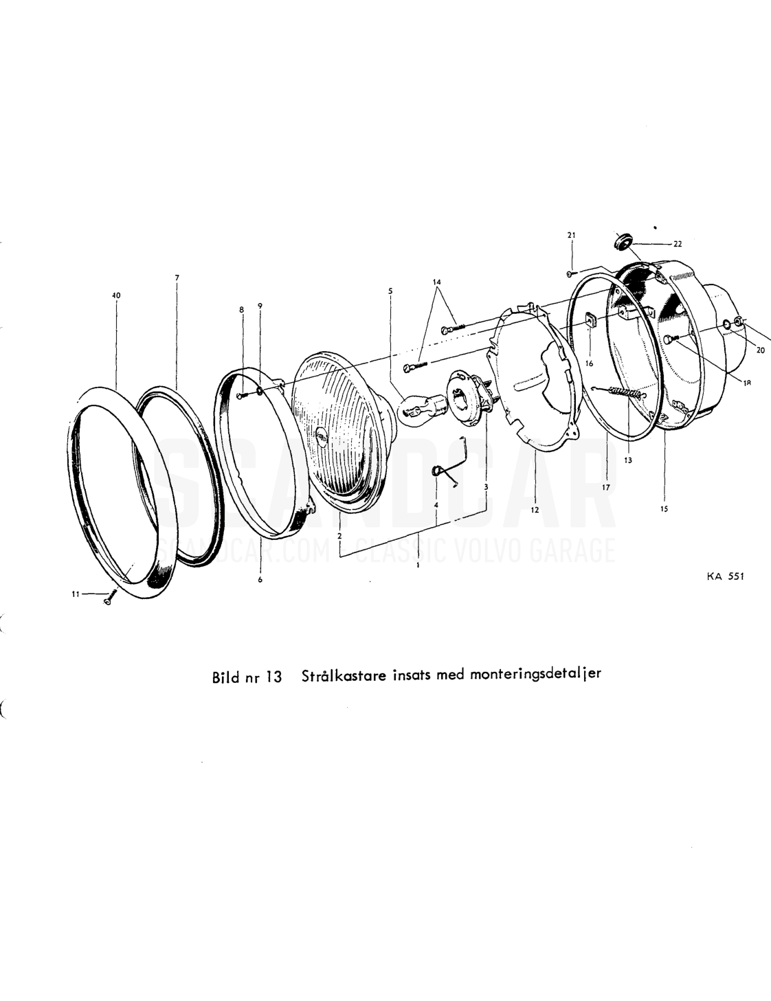 Strålkastare - disegno esploso, Equipaggiamento elettrico, Volvo PV544 / P210 B16