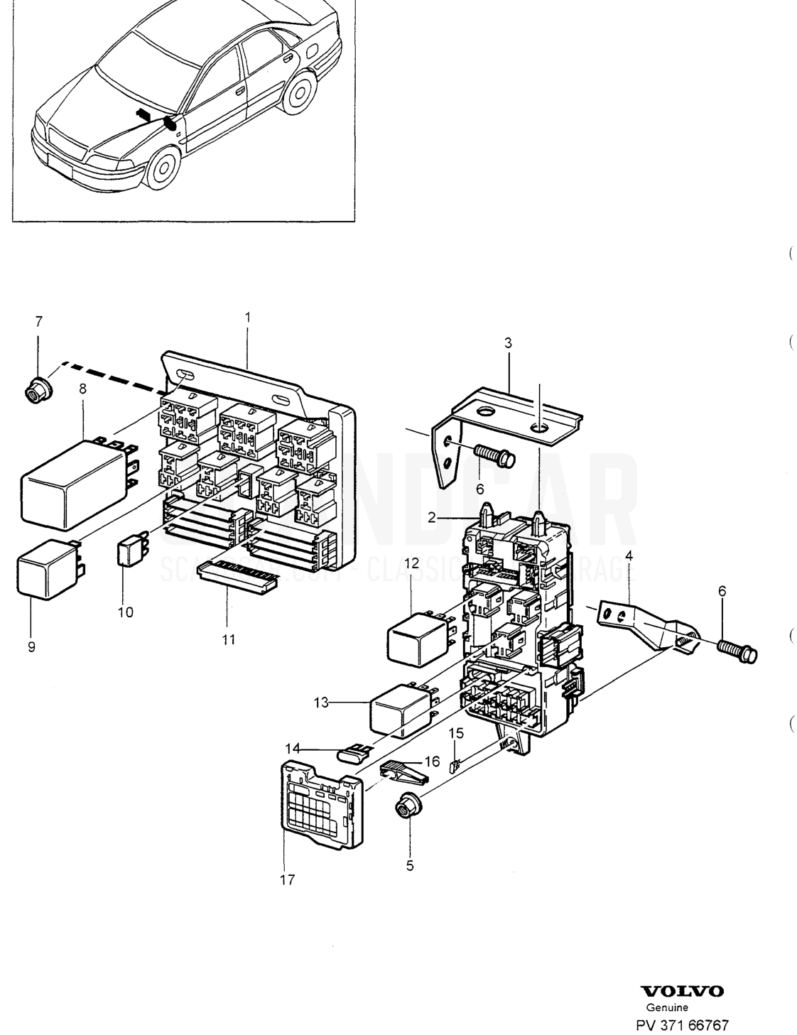 CENTRAL ELECTR. UNIT, FUSEBOX. ENGINE COMPARTMENT - disegno esploso, Equipaggiamento elettrico, Volvo serie S40/V40 dal 1996