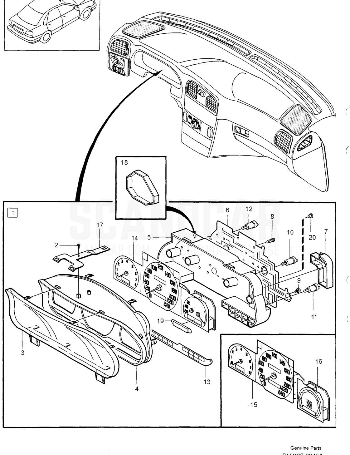 COMBINED INSTRUMENT ELECTRIC - disegno esploso, Equipaggiamento elettrico, Volvo serie S40/V40 dal 1996