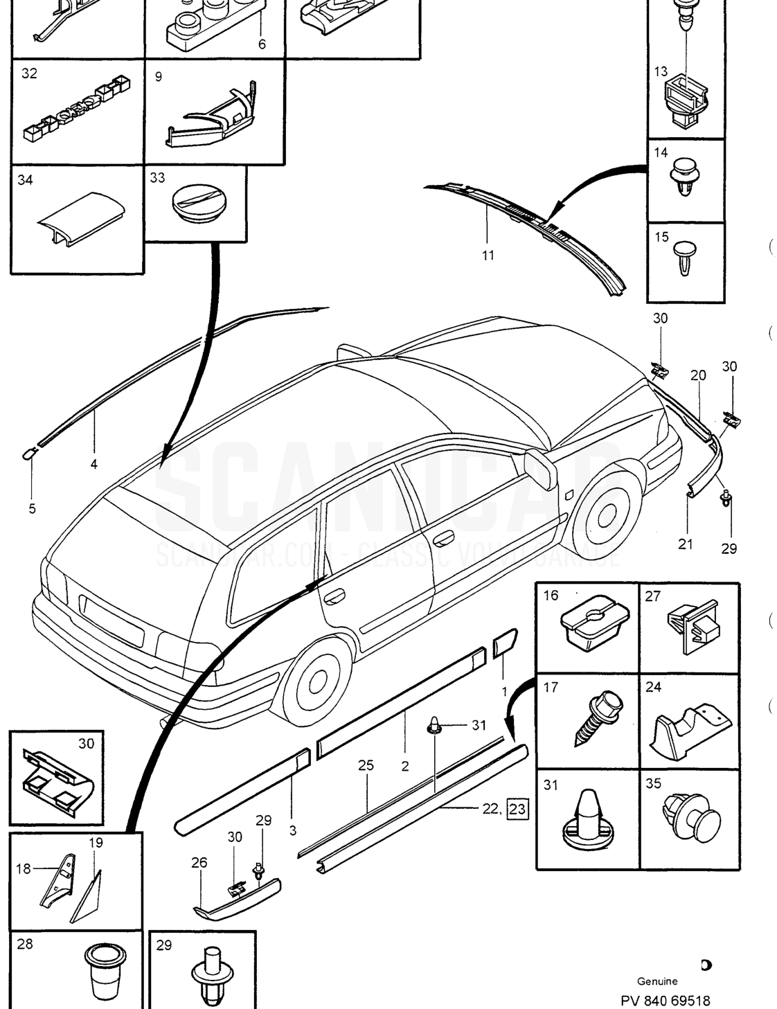 TRIM MOULDINGS - disegno esploso, Carrozzeria, Volvo serie S40/V40 dal 1996