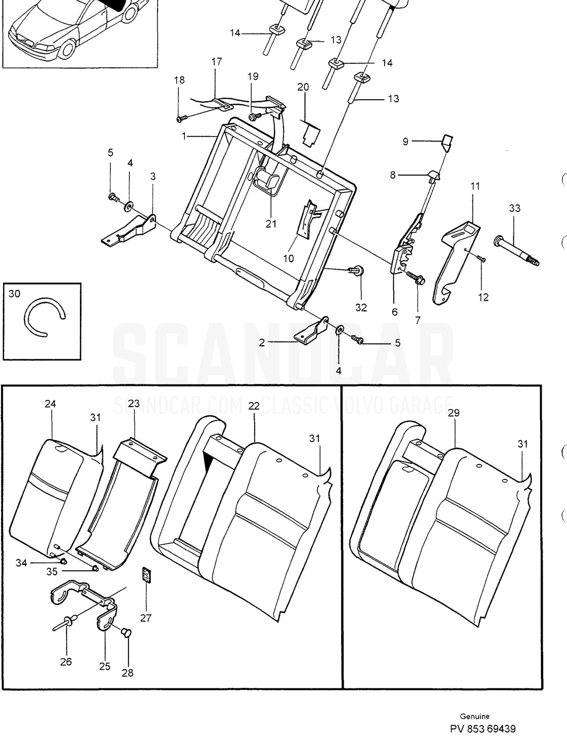 BACKREST REAR SEAT LEFT - disegno esploso, Carrozzeria, Volvo serie S40/V40 dal 1996